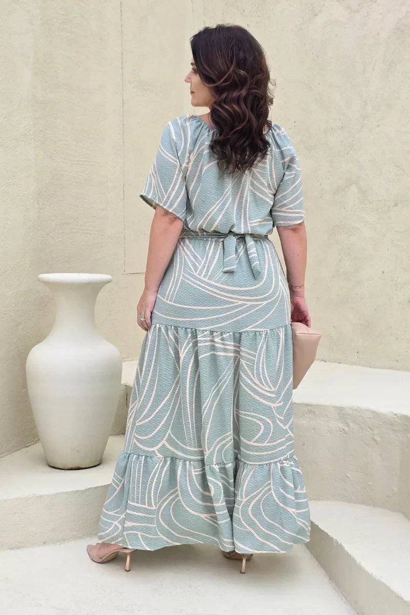 Vestido Elizabeth em Crepe Verde Menta Estampado