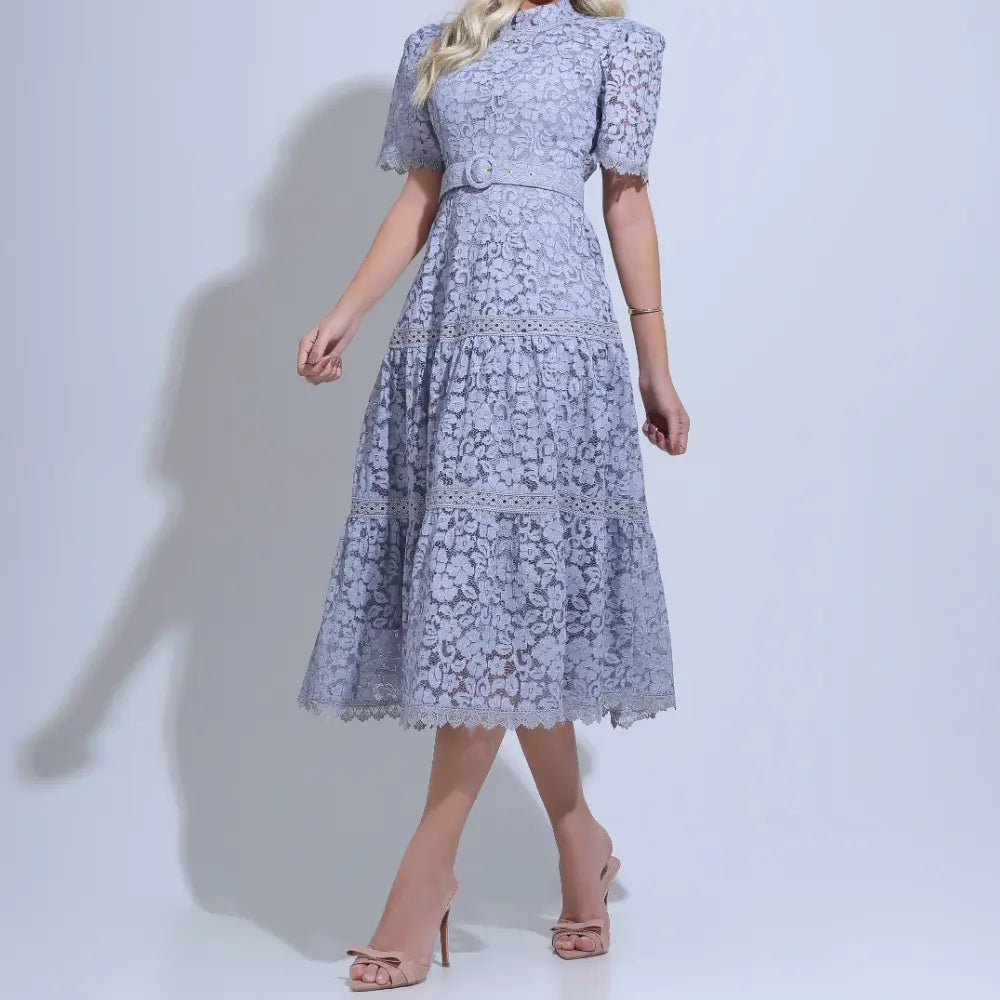 Vestido Feminino Midi Rendado Cinza Michelinne - FL29