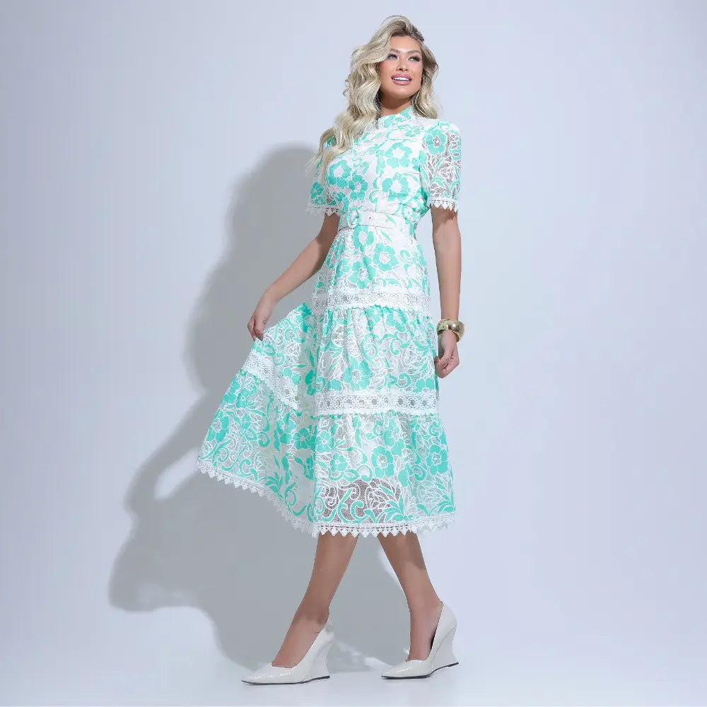 Vestido Feminino Midi Rendado Branco e Verde Michelinne - FL31