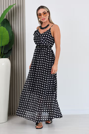 VESTIDO LONGO PRETO C/ POÁ CÁSSIA