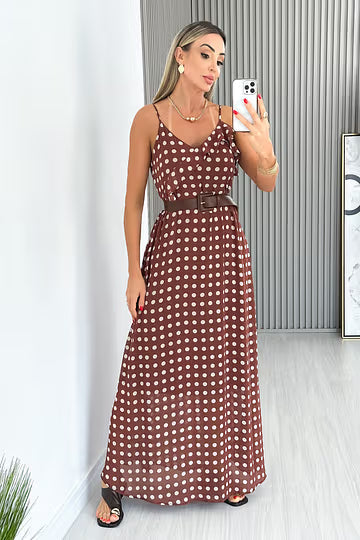 VESTIDO LONGO MARROM C/ POÁ CÁSSIA